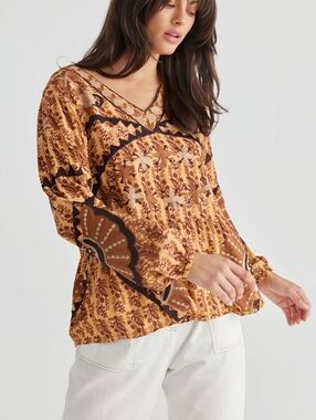 Talisman Embroidered Boho Ethnic Yellow Brown Top, S
